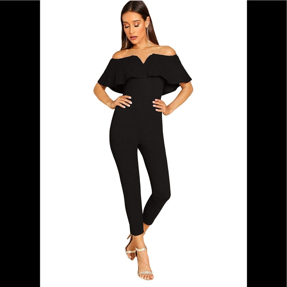 Black Elegant off-the-shoulder Ruffled Jumpsuit